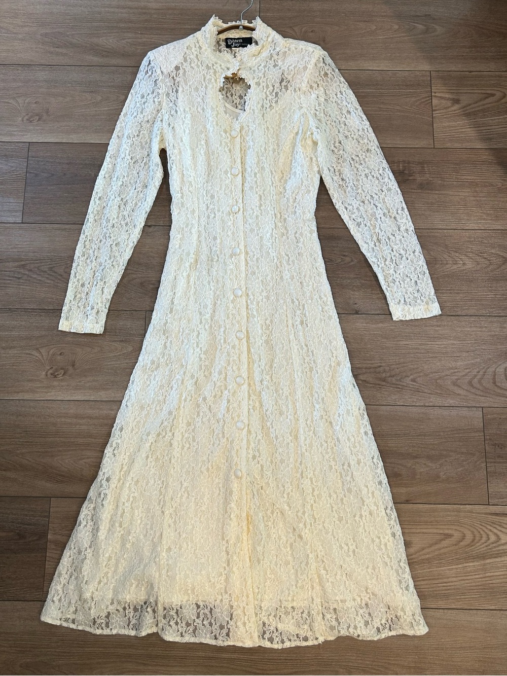 Vintage 80s Dawn Joy Fashions Ivory Lace Maxi Dress Victorian Romantic Bridal